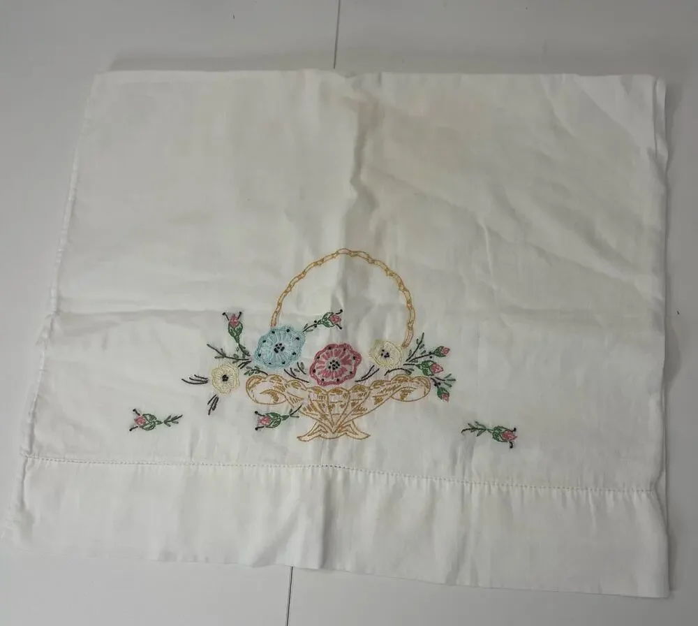 Vintage Floral hand embroidered Standard Pillow Case